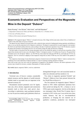 Economic Evaluation and Perspectives of the Magnesite Mine in the Deposit “Dubovc”