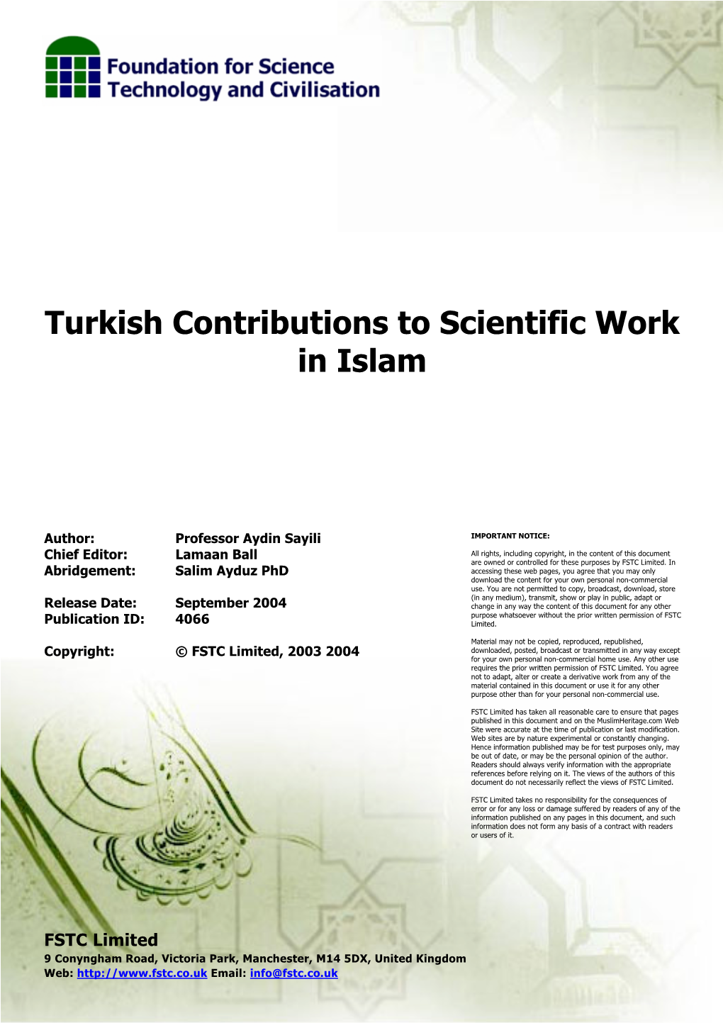Turkish Contributions to Scientific Work in Islam September 2004