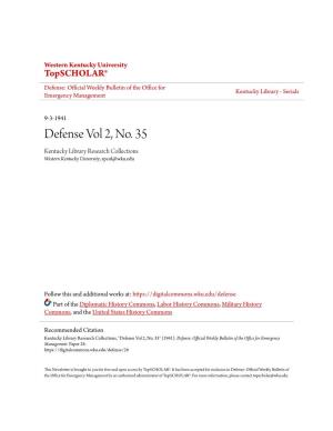 Defense Vol 2, No. 35 Kentucky Library Research Collections Western Kentucky University, Spcol@Wku.Edu