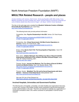 North American Freedom Foundation (NAFF) MKULTRA Related Research - People and Places