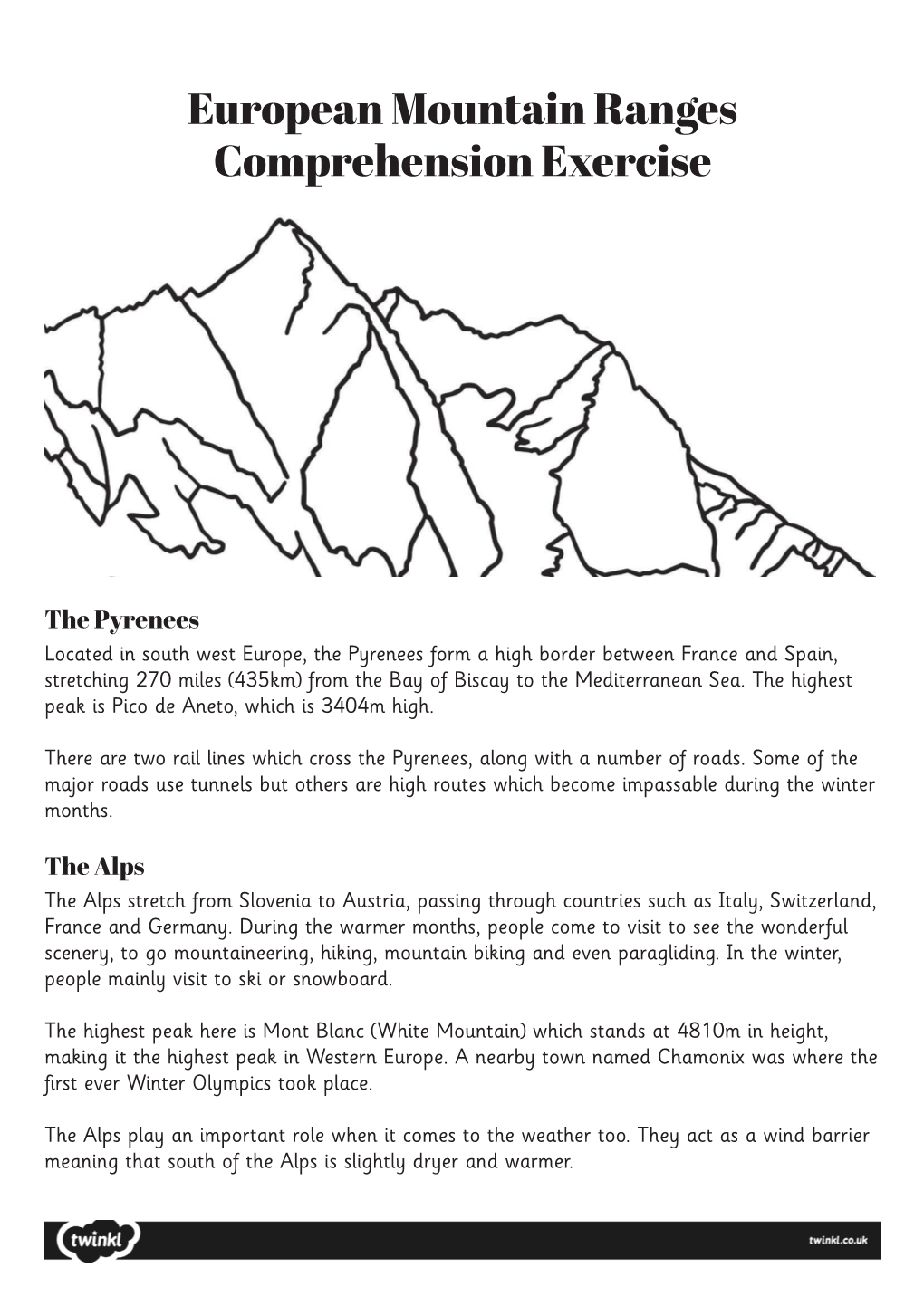 European Mountain Ranges Comprehension Exercise