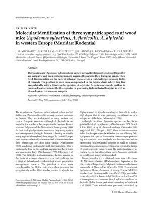 Molecular Identification of Three Sympatric Species of Wood Mice (Apodemus Sylvaticus, A