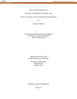 M.N. and the Yorkshire Circle: the Motivation Behind the Translation of the Mirouer Des Simples Ames in Fourteenth-Century