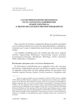 Las Manifestaciones Religiosas En El Conventus Emeritensis (Parte Española) a Través De Los Documentos Epigráficos
