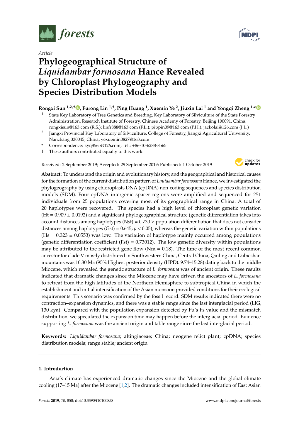 Phylogeographical Structure of Liquidambar Formosana Hance Revealed by Chloroplast Phylogeography and Species Distribution Models