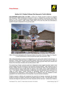 Press Release Author A.C. Frieden Follows Che Guevara's Trail in Bolivia