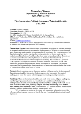 University of Toronto Department of Political Science POL 472H / 2372H the Comparative Political Economy of Industrial Societies