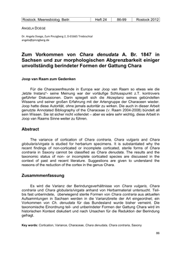 Zum Vorkommen Von Chara Denudata A. Br. 1847 in Sachsen Und Zur Morphologischen Abgrenzbarkeit Einiger Unvollständig Berindeter Formen Der Gattung Chara