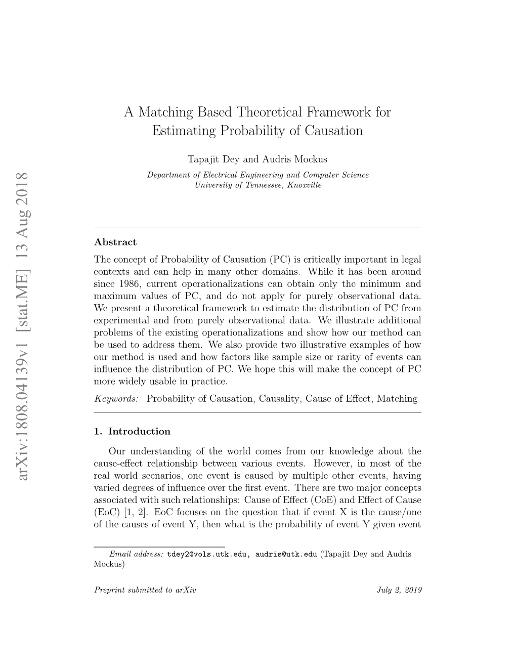 A Matching Based Theoretical Framework for Estimating Probability of Causation