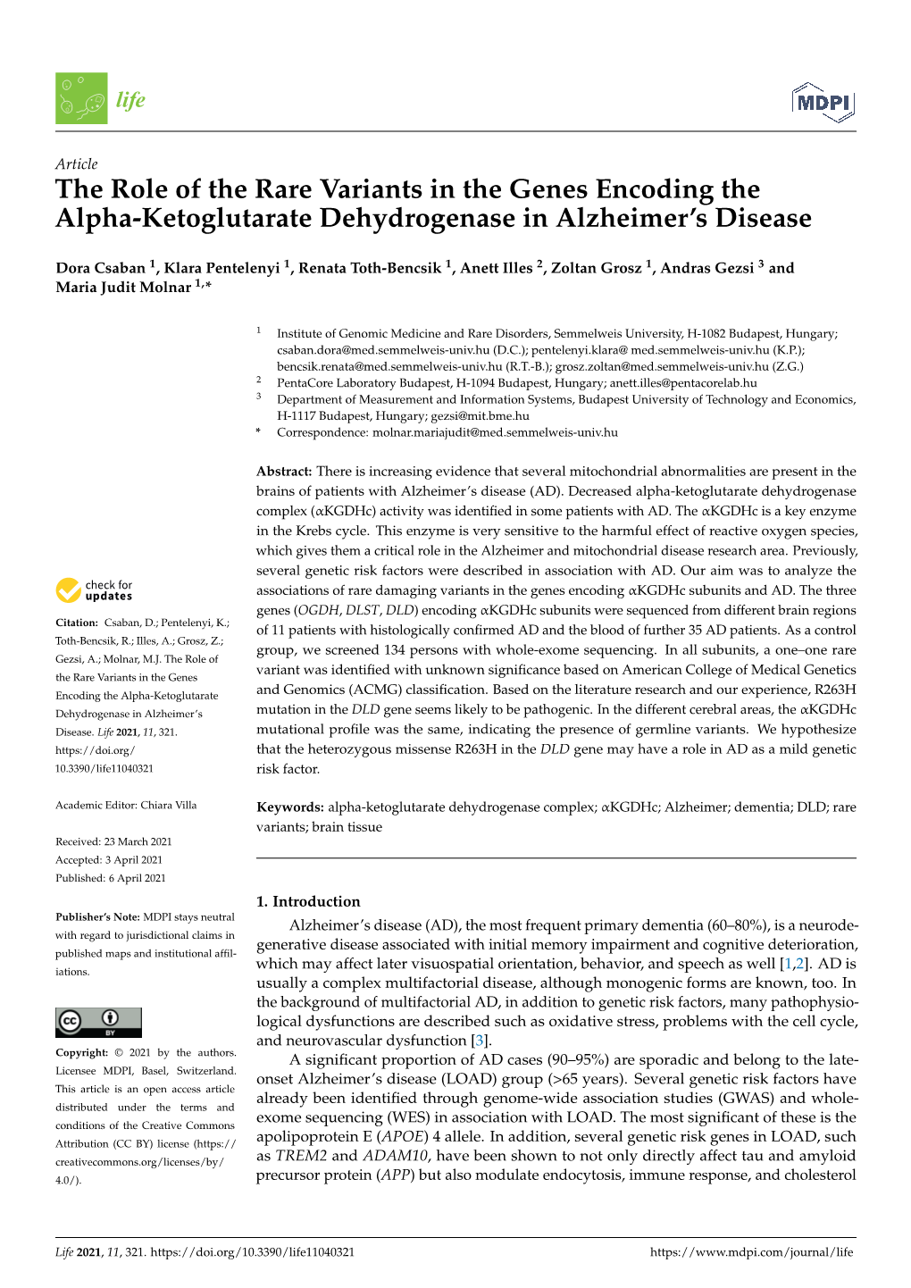 The Role of the Rare Variants in the Genes Encoding the Alpha-Ketoglutarate Dehydrogenase in Alzheimer’S Disease
