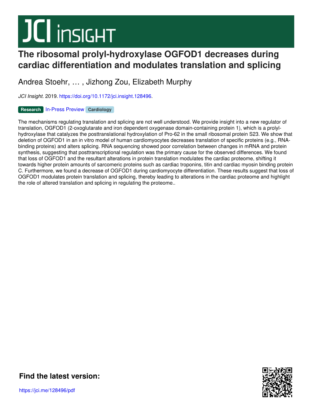 The Ribosomal Prolyl-Hydroxylase OGFOD1 Decreases During Cardiac Differentiation and Modulates Translation and Splicing