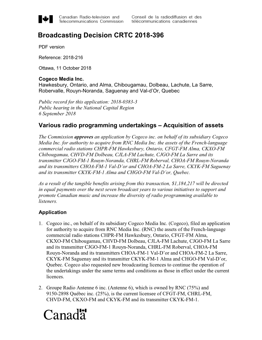 Various Radio Programming Undertakings – Acquisition of Assets