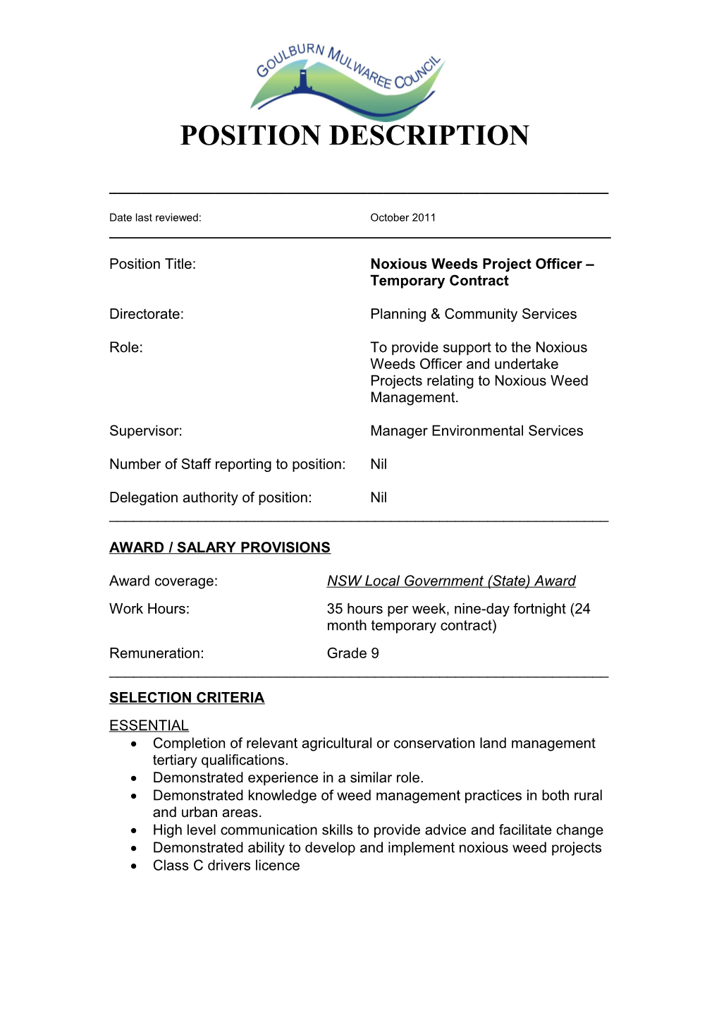 Position Title: Noxious Weeds Project Officer Temporary Contract