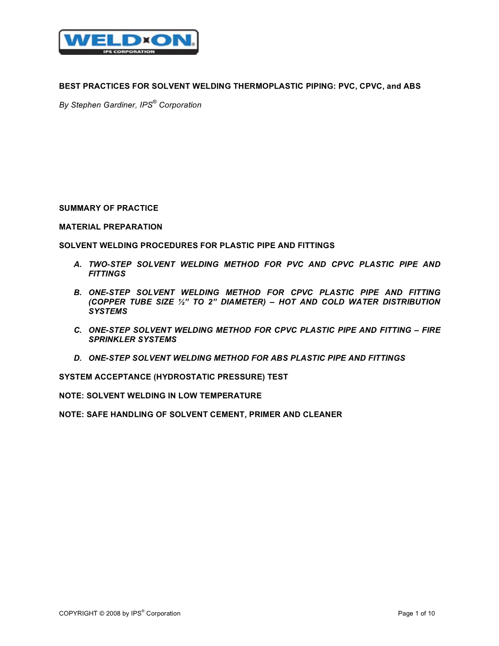 BEST PRACTICES for SOLVENT WELDING THERMOPLASTIC PIPING: PVC, CPVC, and ABS