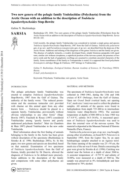 Two New Genera of the Pelagic Family Yndolaciidae (Polychaeta) from the Arctic Ocean with an Addition to the Description of Yndolacia Lopadorrhynchoides Støp-Bowitz