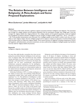 The Relation Between Intelligence and Religiosity: a Meta-Analysis and Some Proposed Explanations