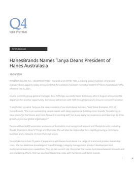 Hanesbrands Names Tanya Deans President of Hanes Australasia