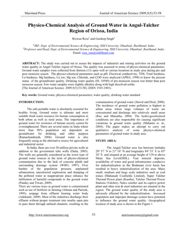 Physico-Chemical Analysis of Ground Water in Angul-Talcher Region of Orissa, India