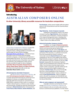 AUSTRALIAN COMPOSERS ONLINE & Other University Library Accessible Resources for Australian Compositions