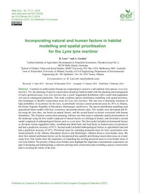 Incorporating Natural and Human Factors in Habitat Modelling and Spatial Prioritisation for the Lynx Lynx Martinoi