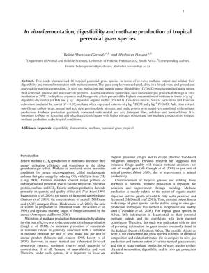 In Vitro Fermentation, Digestibility and Methane Production of Tropical Perennial Grass Species