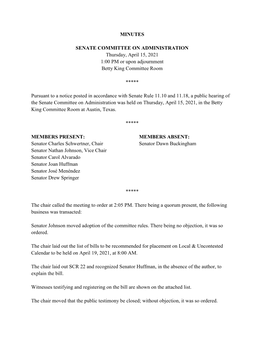 MINUTES SENATE COMMITTEE on ADMINISTRATION Thursday, April