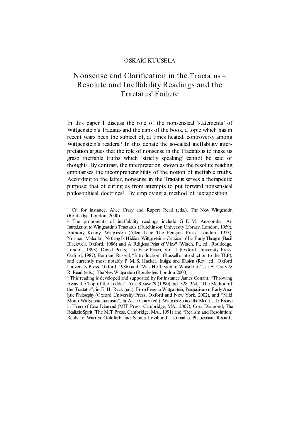 Nonsense and Clarification in the Tractatus – Resolute and Ineffability Readings and the Tractatus’ Failure