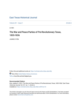 The War and Peace Parties of Pre-Revolutionary Texas, 1835-1836