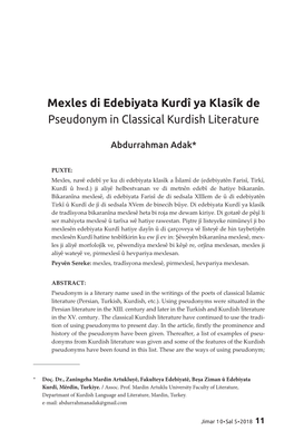 Mexles Di Edebiyata Kurdî Ya Klasîk De Pseudonym in Classical Kurdish Literature