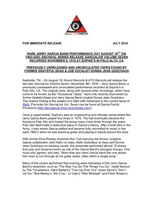 For Immediate Release July 2016 Rare Jerry Garcia Band