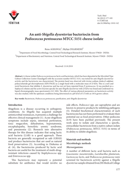 An Anti-Shigella Dysenteriae Bacteriocin from Pediococcus Pentosaceus MTCC 5151 Cheese Isolate