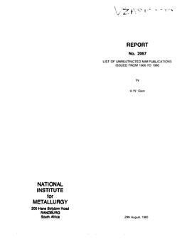 REPORT NATIONAL INSTITUTE for METALLURGY