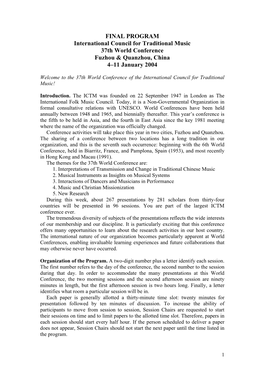 FINAL PROGRAM International Council for Traditional Music 37Th World Conference Fuzhou & Quanzhou, China 4–11 January 2004