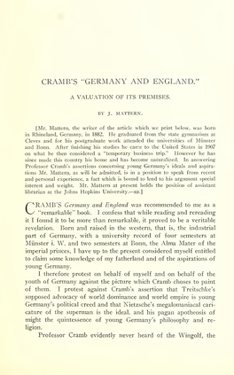 Cramb's "Germany and England." a Valuation of Its Premises