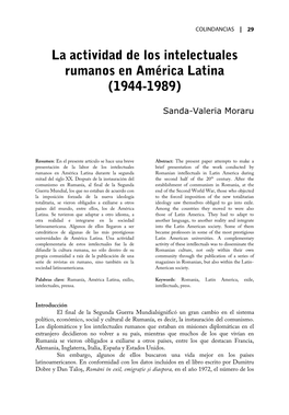 La Actividad De Los Intelectuales Rumanos En América Latina Rumanos En América Latina (1944-1989) (1944-1989)