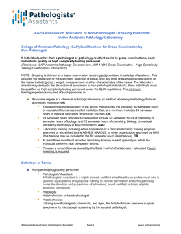 AAPA Position on Utilization of Non-Pathologist Grossing Personnel in the Anatomic Pathology Laboratory