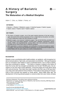 A History of Bariatric Surgery the Maturation of a Medical Discipline