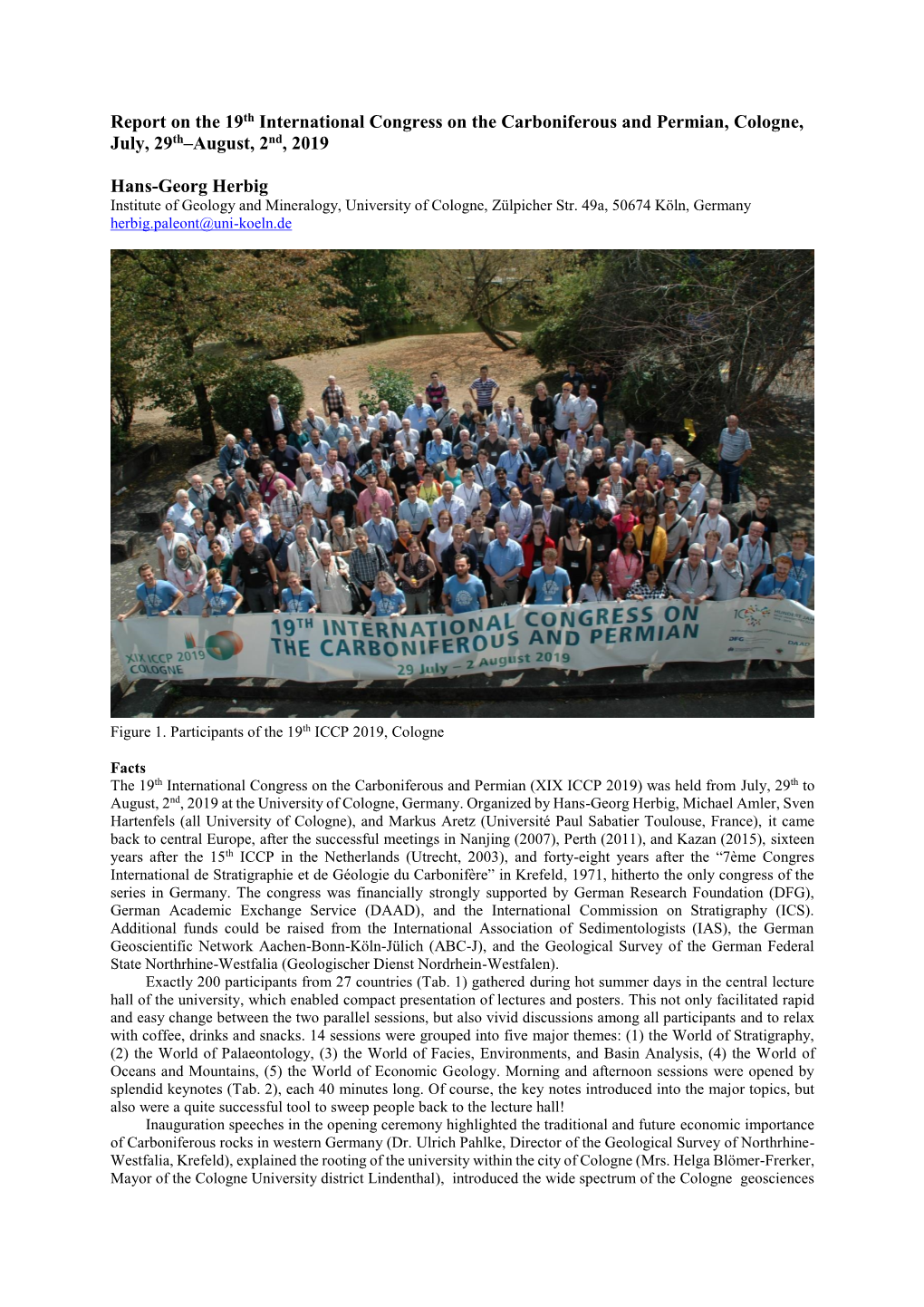 Report on the 19Th International Congress on the Carboniferous and Permian, Cologne, July, 29Th–August, 2Nd, 2019