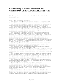 Confidentiality of Medical Information Act CALIFORNIA CIVIL CODE SECTIONS 56-56.16