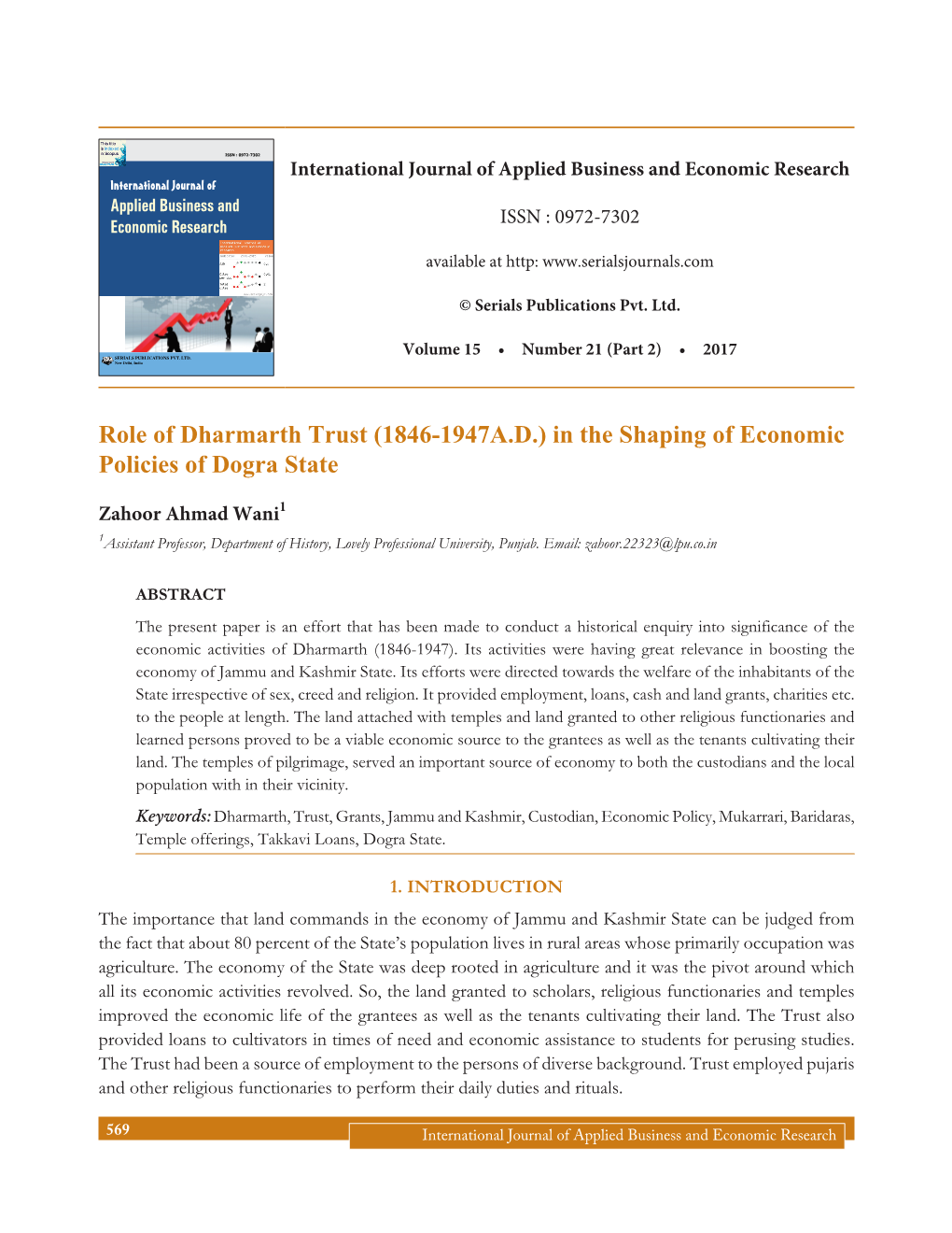 Role of Dharmarth Trust (1846-1947A.D.) in the Shaping of Economic Policies of Dogra State