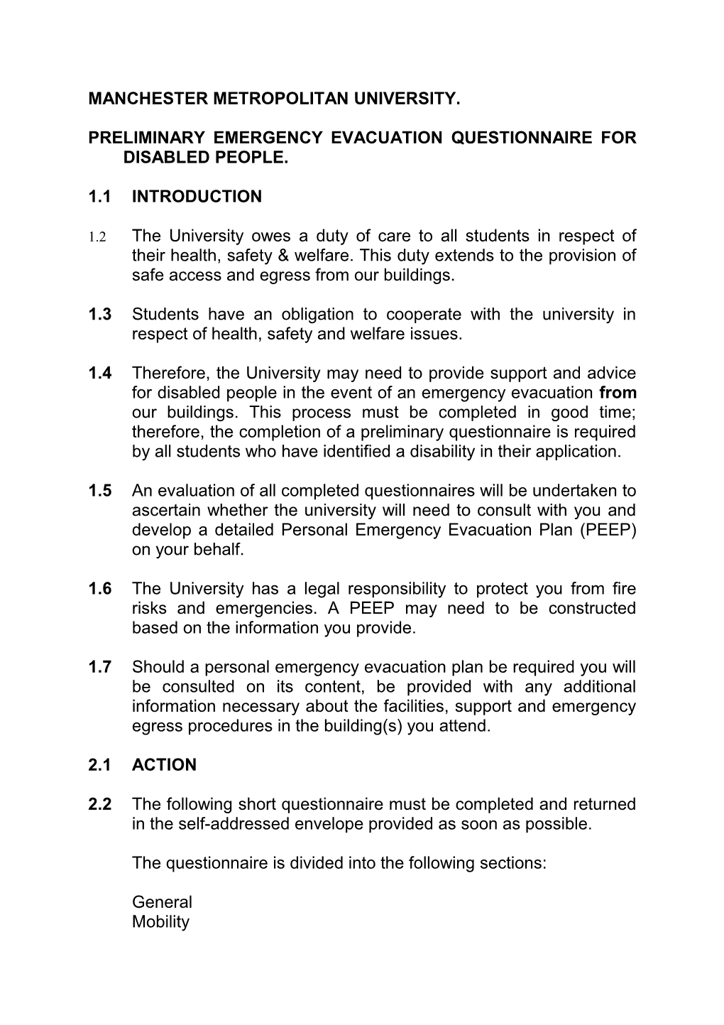 Preliminary Emergency Evacuation Questionnaire for Disabled People