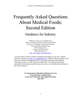 Frequently Asked Questions About Medical Foods; Second Edition Guidance for Industry