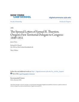 The Spousal Letters of Samuel R. Thurston, Oregon's First Territorial Delegate to Congress: 1849-1851 Edited by James R