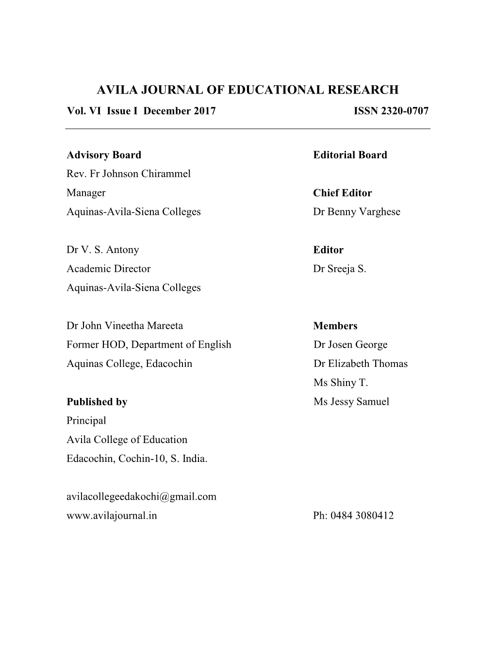 AVILA JOURNAL of EDUCATIONAL RESEARCH Vol
