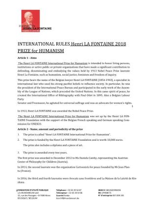 INTERNATIONAL RULES Henri LA FONTAINE 2018 PRIZE for HUMANISM