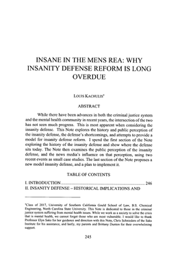 Insane in the Mens Rea: Why Insanity Defense Reform Is Long Overdue