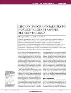 Mechanisms Of, and Barriers To, Horizontal Gene Transfer Between Bacteria