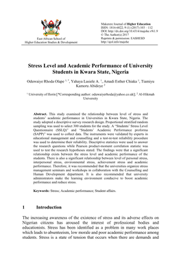 Stress Level and Academic Performance of University Students in Kwara State, Nigeria