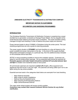 Zimbabwe Electricity Transmission & Distribution Company Important Notice to Customers 2012 Winter Load Shedding Programmes