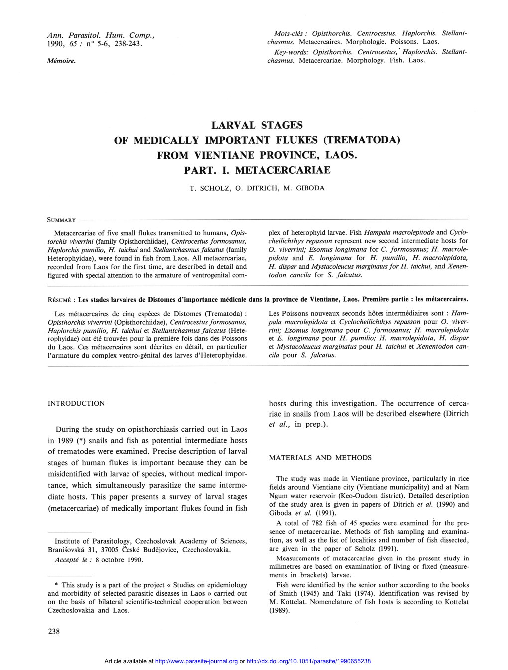 Larval Stages of Medically Important Flukes (Trematoda) from Vientiane Province, Laos